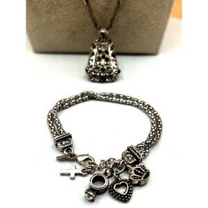 Vintage Silver Tone Charm Bracelet & Necklac Set   B41